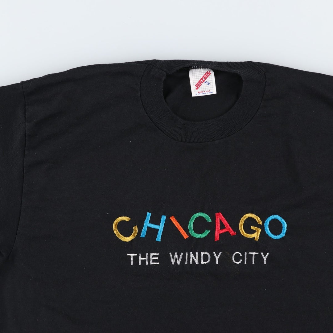 Jerzees CHICAGO embroidered T-shirt, made in USA, men's size XL equivalent. cotton black type Vintage Second Hand