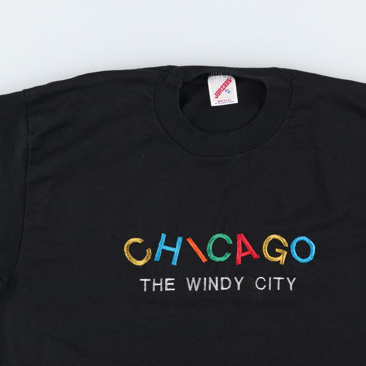 Jerzees CHICAGO embroidered T-shirt, made in USA, men's size XL equivalent. cotton black type Vintage Second Hand