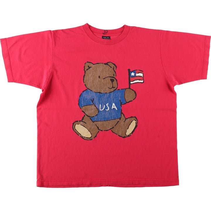 UST'S American Flag Bear Pattern Print T-Shirt, Made in USA, Women's Size XL (approx.) cotton red type Vintage Second Hand