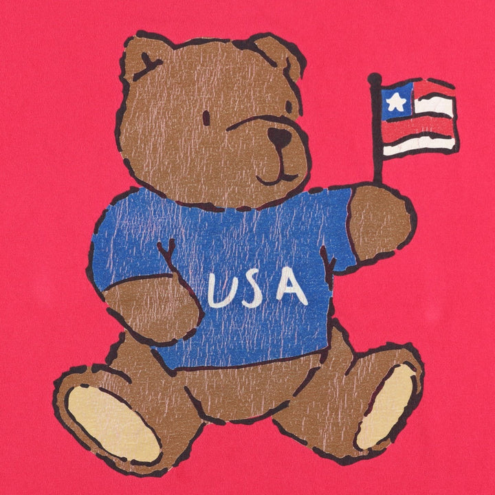 UST'S American Flag Bear Pattern Print T-Shirt, Made in USA, Women's Size XL (approx.) cotton red type Vintage Second Hand