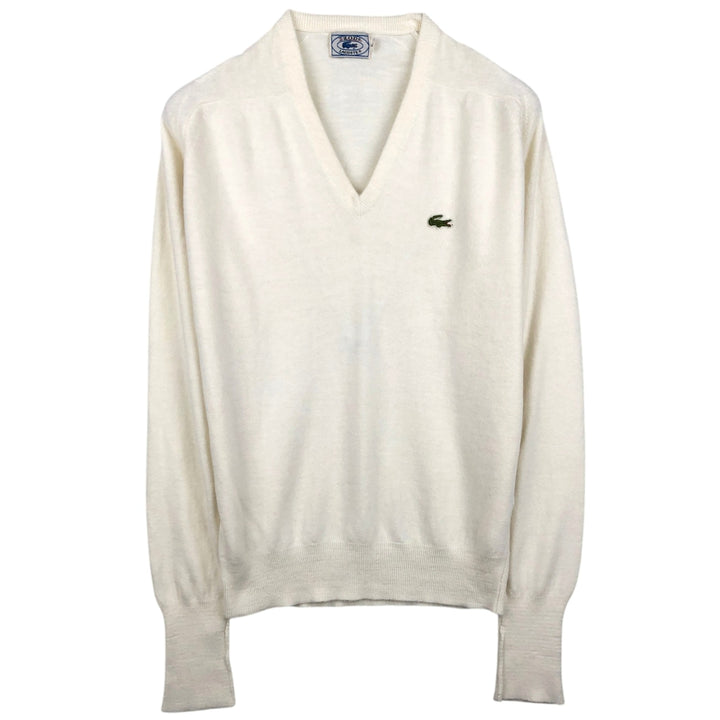 Vintage 1970'S Lacoste Izod V-neck knit sweater, size L, men's unclear white type Vintage Second Hand