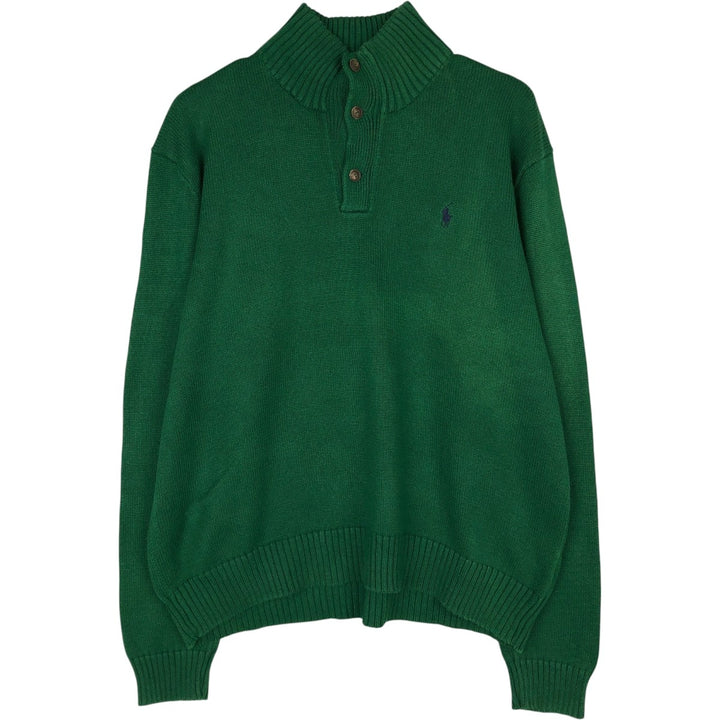 Ralph Lauren POLO by Ralph Lauren High-Neck Half-Button Cotton Knit Sweater, Men's Size XL (approx.) cotton green type Vintage Second Hand