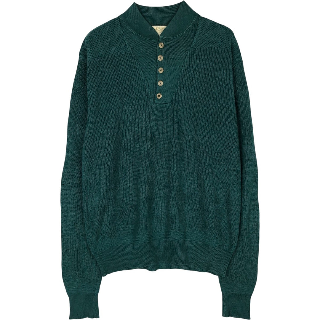 80s-90'S LL Bean Rib-Knit Cotton Half-Button Sweater, Made in USA, Men's Size L (Equivalent), Vintage cotton green type Vintage Second Hand