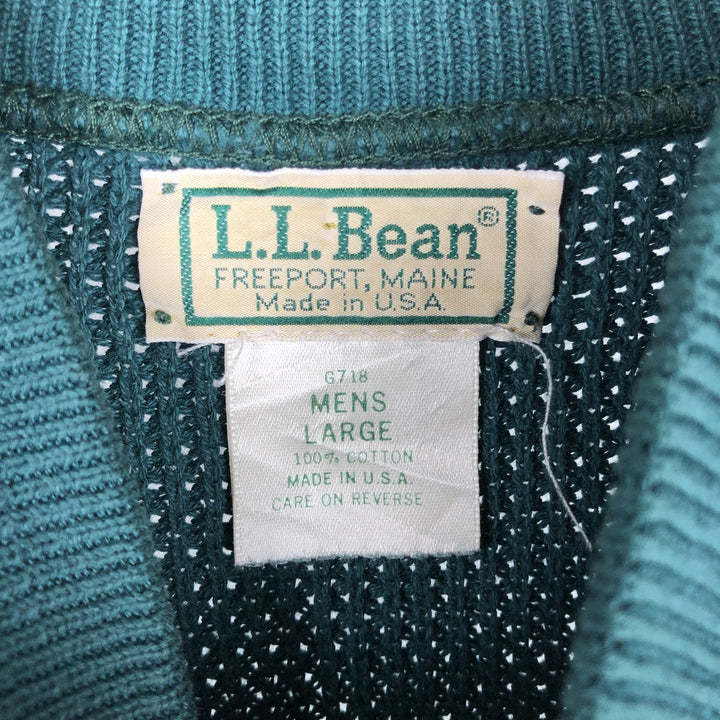 80s-90'S LL Bean Rib-Knit Cotton Half-Button Sweater, Made in USA, Men's Size L (Equivalent), Vintage cotton green type Vintage Second Hand
