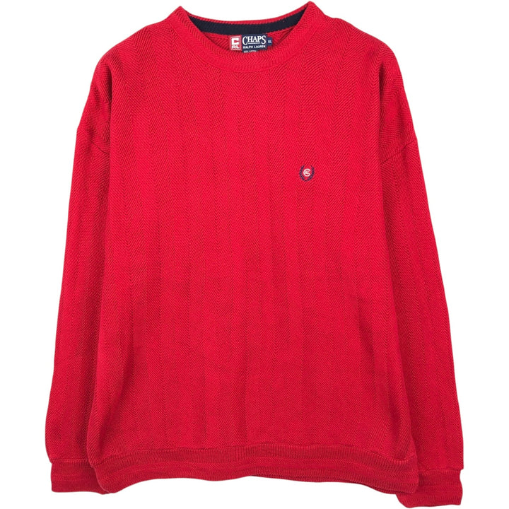 1990'S Ralph Lauren CHAPS Herringbone Cotton Knit Sweater, Made in USA, Men's Size XL (approx.), Vintage cotton red type Vintage Second Hand