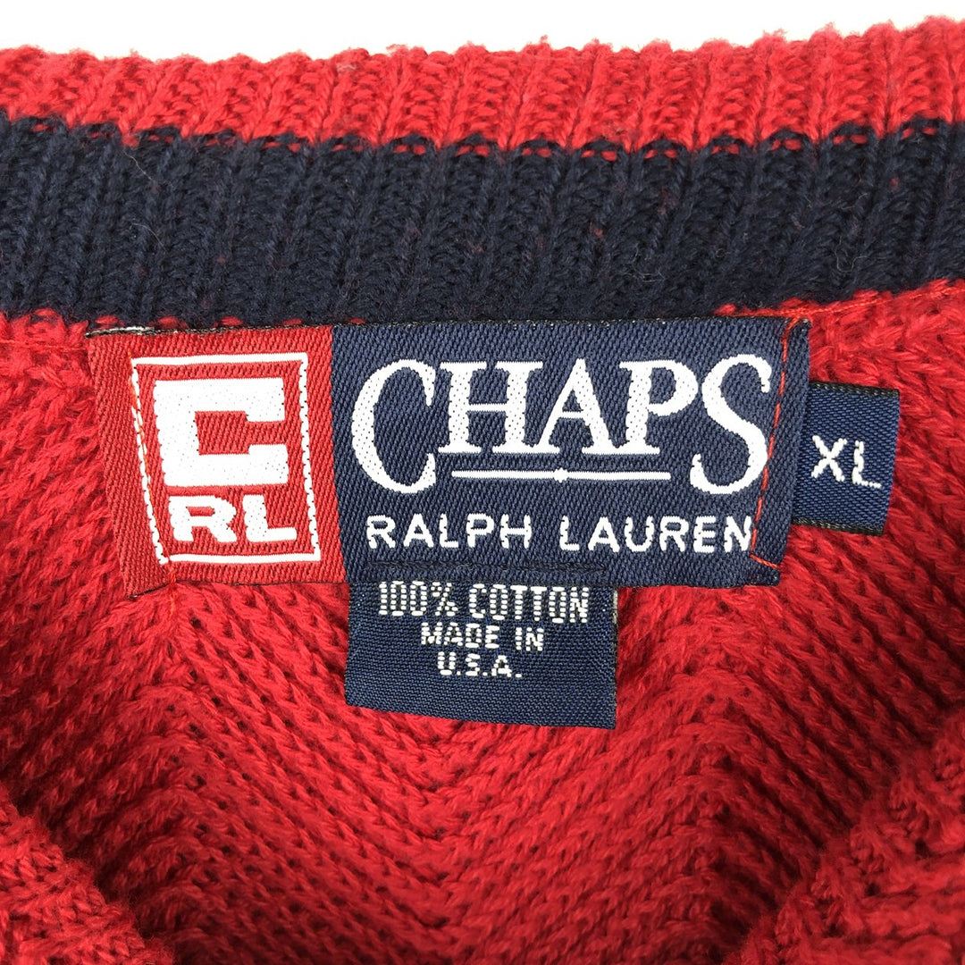 1990'S Ralph Lauren CHAPS Herringbone Cotton Knit Sweater, Made in USA, Men's Size XL (approx.), Vintage cotton red type Vintage Second Hand
