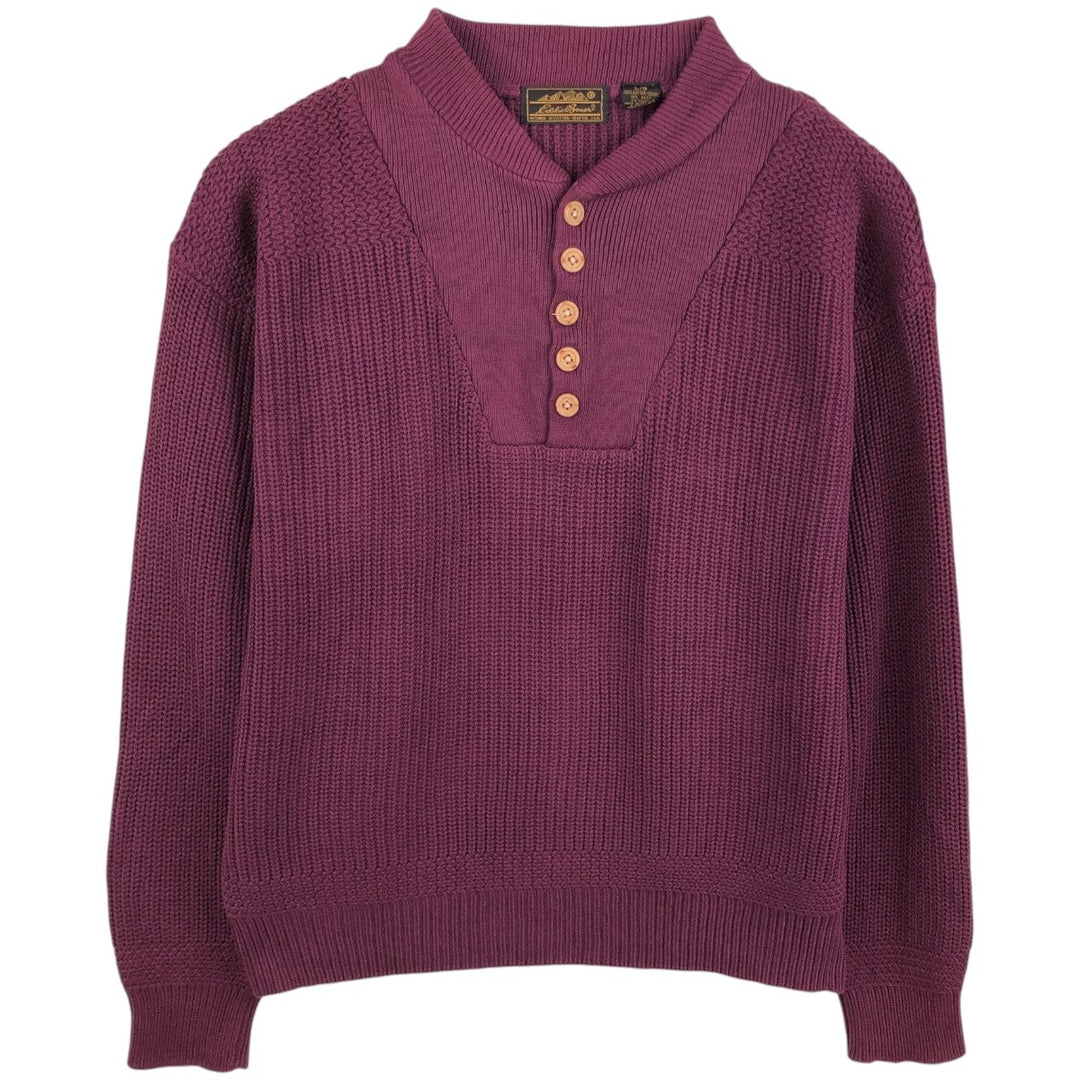 80s-90'S Eddie Bauer Black Tag Henley Neck Ribbed Cotton Knit Sweater, Men's Size L (Equivalent), Vintage cotton purple type Vintage Second Hand