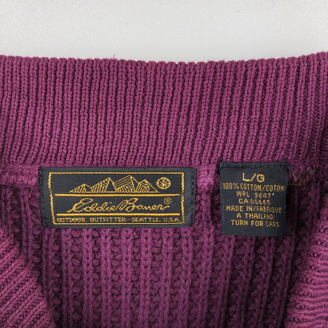 80s-90'S Eddie Bauer Black Tag Henley Neck Ribbed Cotton Knit Sweater, Men's Size L (Equivalent), Vintage cotton purple type Vintage Second Hand