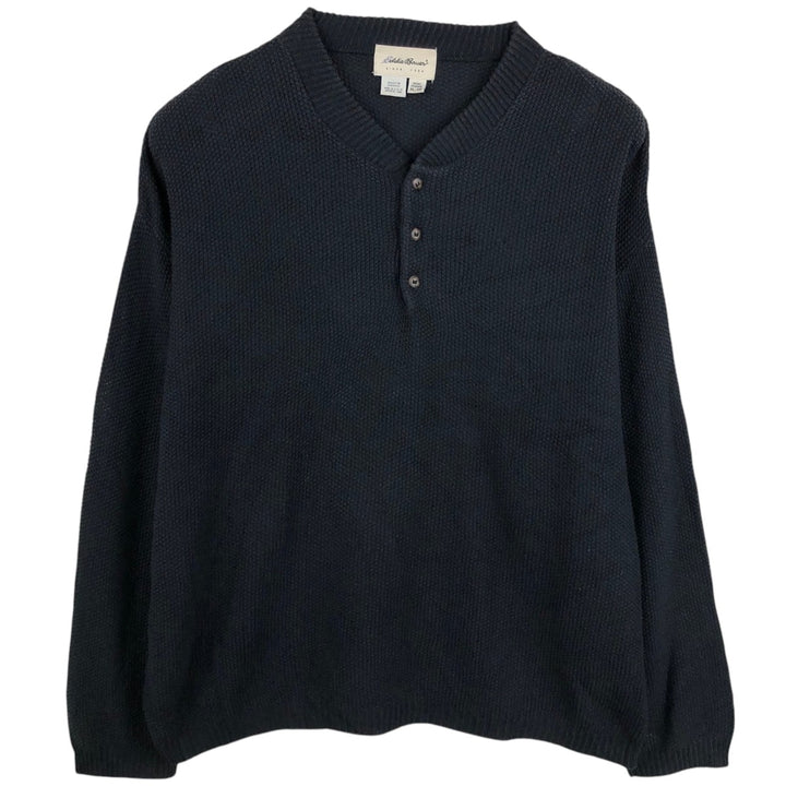 Eddie Bauer Henley Neck Cotton Knit Sweater, Made in USA, Men's Size XL (approx.) cotton black type Vintage Second Hand