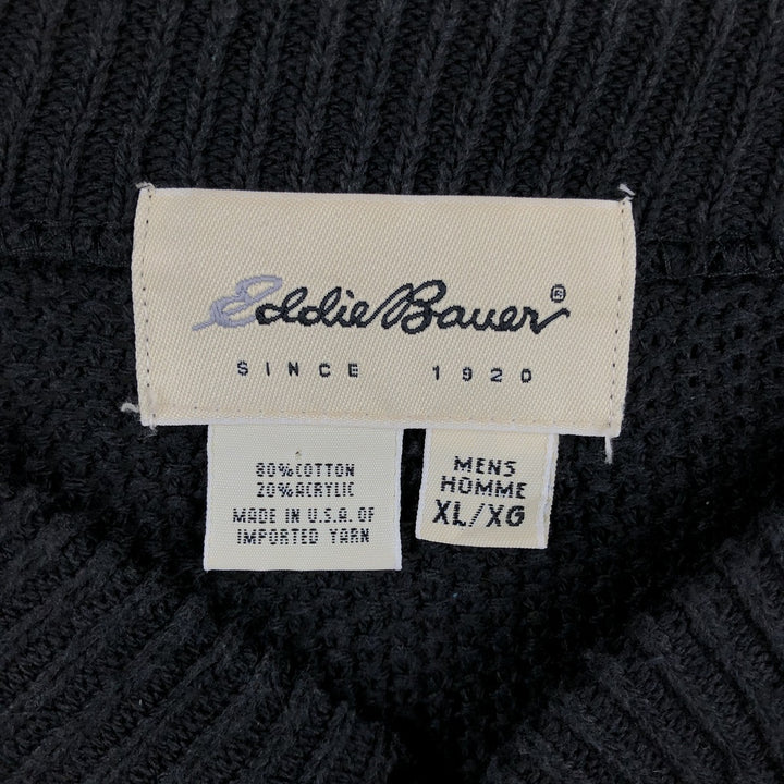 Eddie Bauer Henley Neck Cotton Knit Sweater, Made in USA, Men's Size XL (approx.) cotton black type Vintage Second Hand