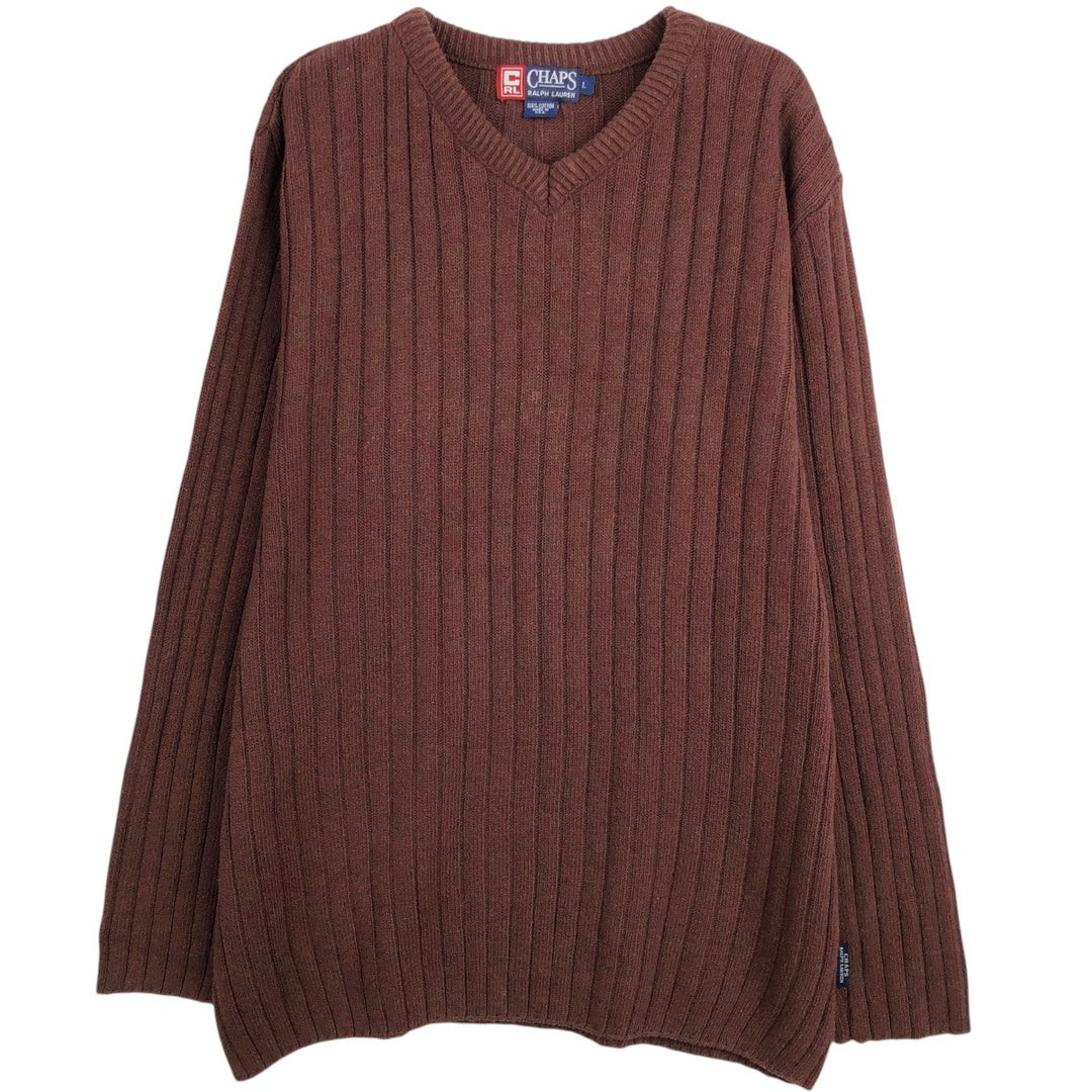 90'S Ralph Lauren CHAPS Ribbed V-Neck Cotton Knit Sweater, Made in USA, Men's Size L (Equivalent), Vintage cotton burgundy type Vintage Second Hand