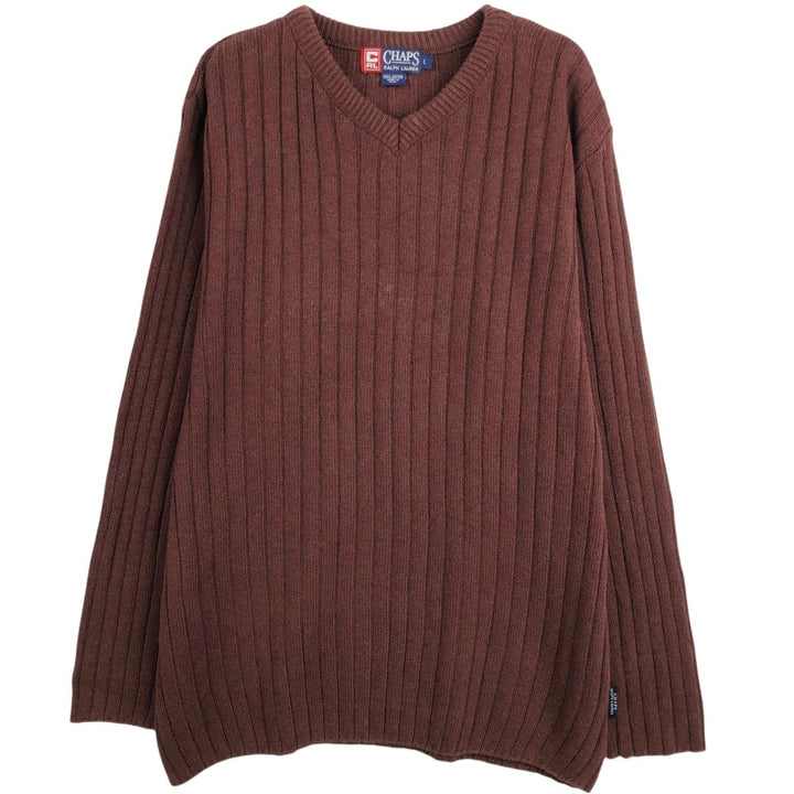 90'S Ralph Lauren CHAPS Ribbed V-Neck Cotton Knit Sweater, Made in USA, Men's Size L (Equivalent), Vintage cotton burgundy type Vintage Second Hand