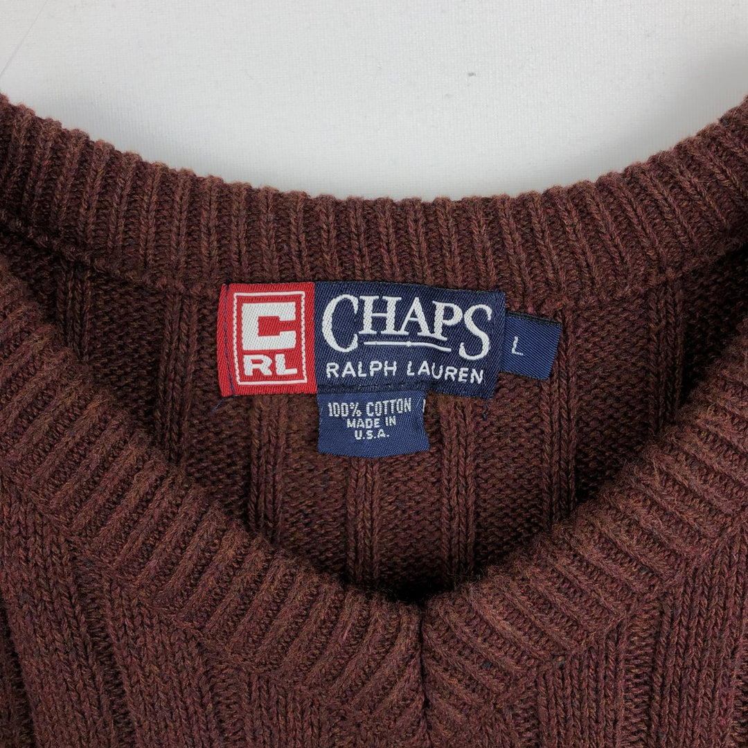 90'S Ralph Lauren CHAPS Ribbed V-Neck Cotton Knit Sweater, Made in USA, Men's Size L (Equivalent), Vintage cotton burgundy type Vintage Second Hand
