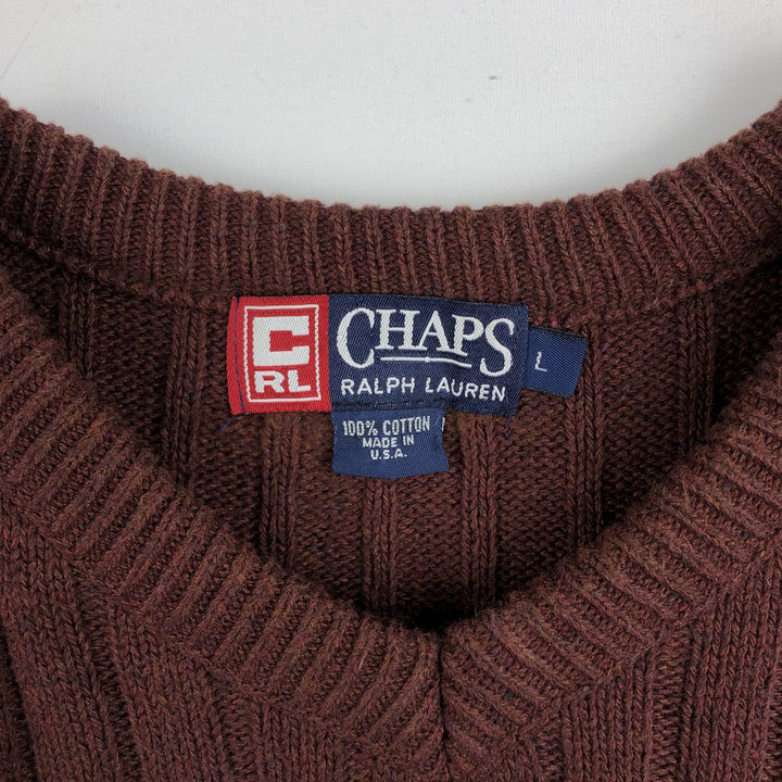 90'S Ralph Lauren CHAPS Ribbed V-Neck Cotton Knit Sweater, Made in USA, Men's Size L (Equivalent), Vintage cotton burgundy type Vintage Second Hand