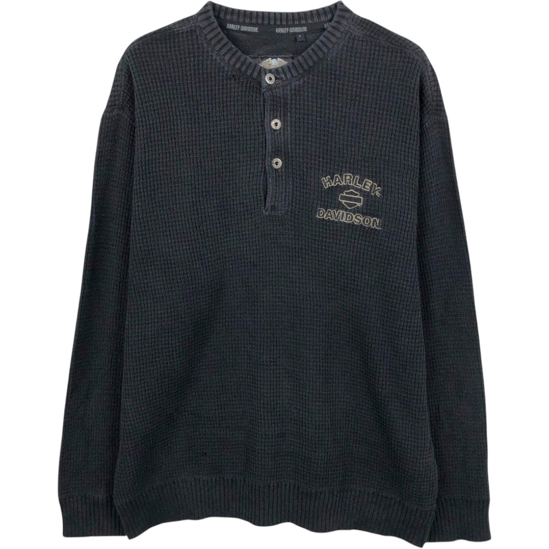 Harley-Davidson Rib-Knit Henley Neck Cotton Sweater, Men's Size L (approx.) cotton black type Vintage Second Hand