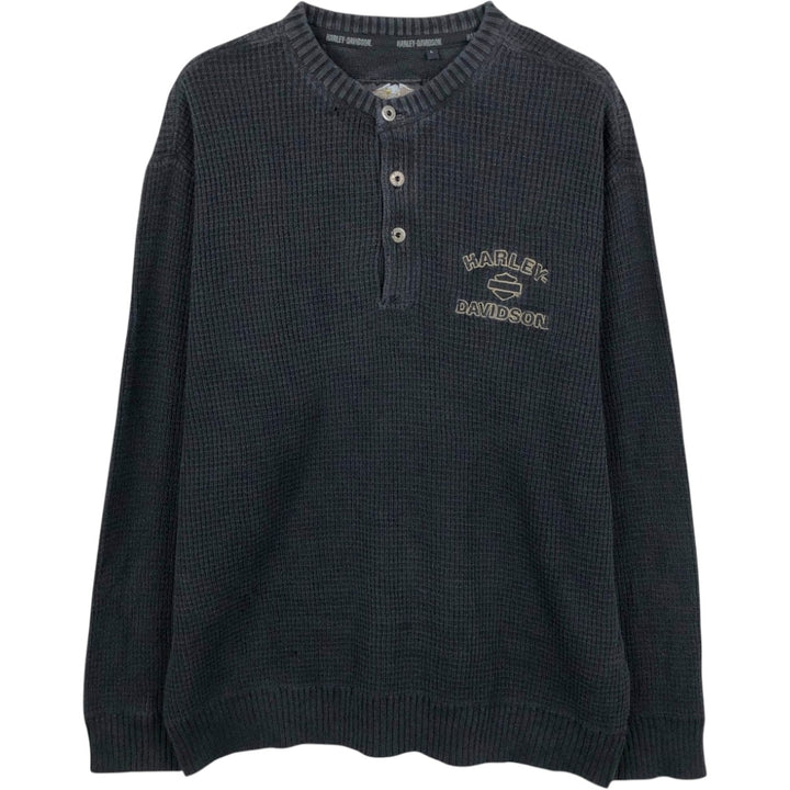 Harley-Davidson Rib-Knit Henley Neck Cotton Sweater, Men's Size L (approx.) cotton black type Vintage Second Hand