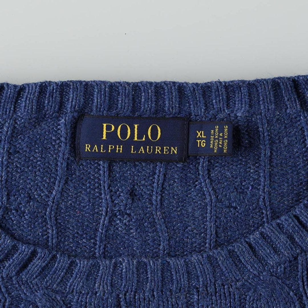 Ralph Lauren POLO RALPH LAUREN Cable Knit Silk Sweater, Made in Hong Kong, Men's Size XL (approx.) silk blue type Vintage Second Hand