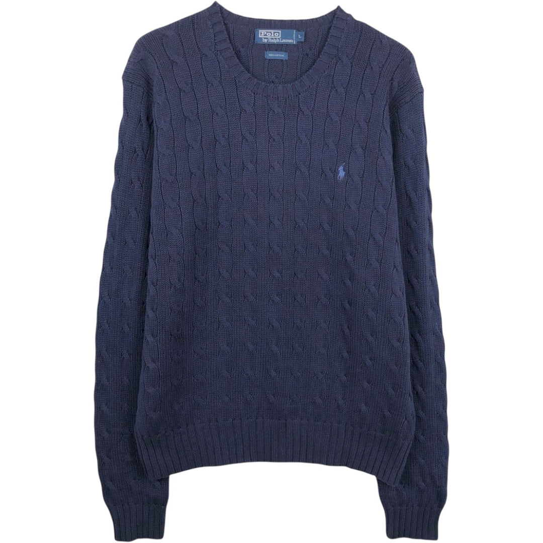 Ralph Lauren POLO by Ralph Lauren cable knit cotton sweater, men's size L cotton navy blue type Vintage Second Hand