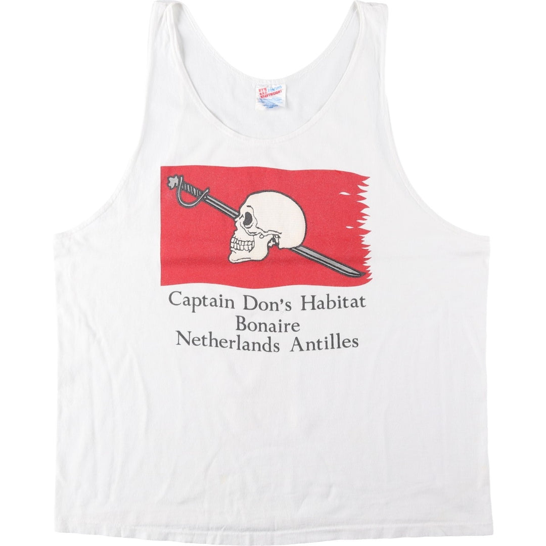 90'S Hanes Captain Don's Habitat Skull Pattern Advertising T-Shirt Tank Top, Made in USA, Men's XL equivalent. cotton white type Vintage Second Hand
