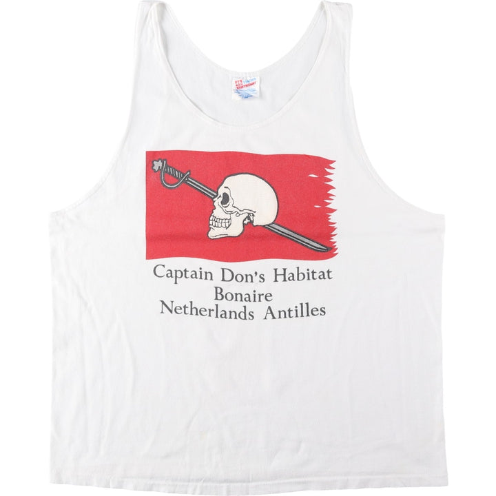 90'S Hanes Captain Don's Habitat Skull Pattern Advertising T-Shirt Tank Top, Made in USA, Men's XL equivalent. cotton white type Vintage Second Hand