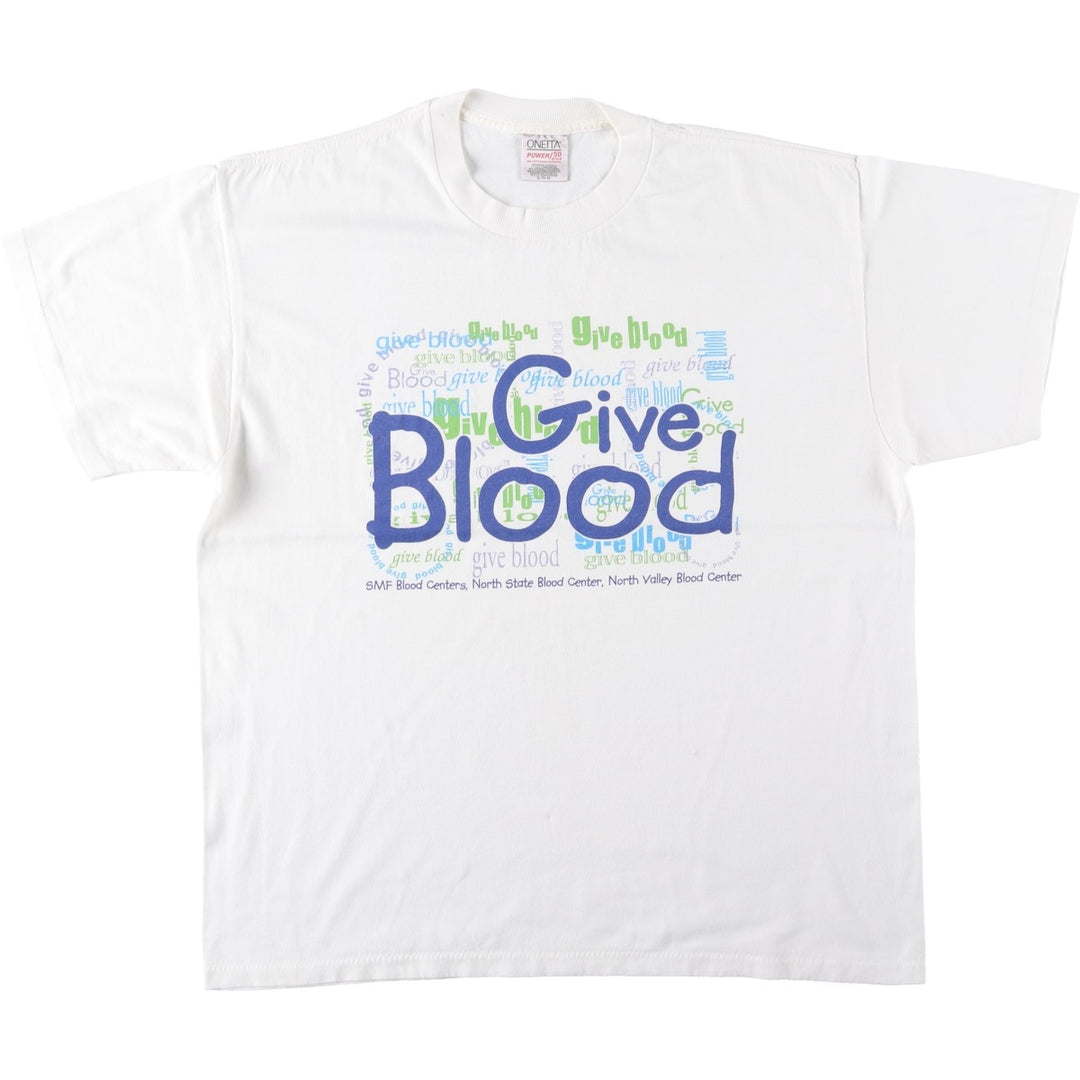 90'S ONEITA SMF Blood Centers Message Print T-Shirt, Men's XL (approx.), Vintage cotton white type Vintage Second Hand