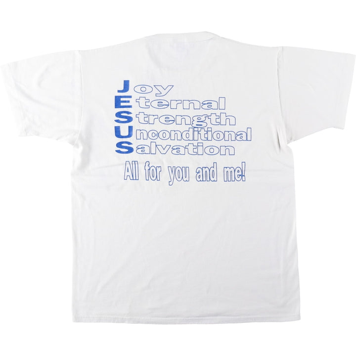 90'S Russell Athletic Episcopal Church Message Print T-Shirt, Made in USA, Men's Size L (approx.) polyester white type Vintage Second Hand