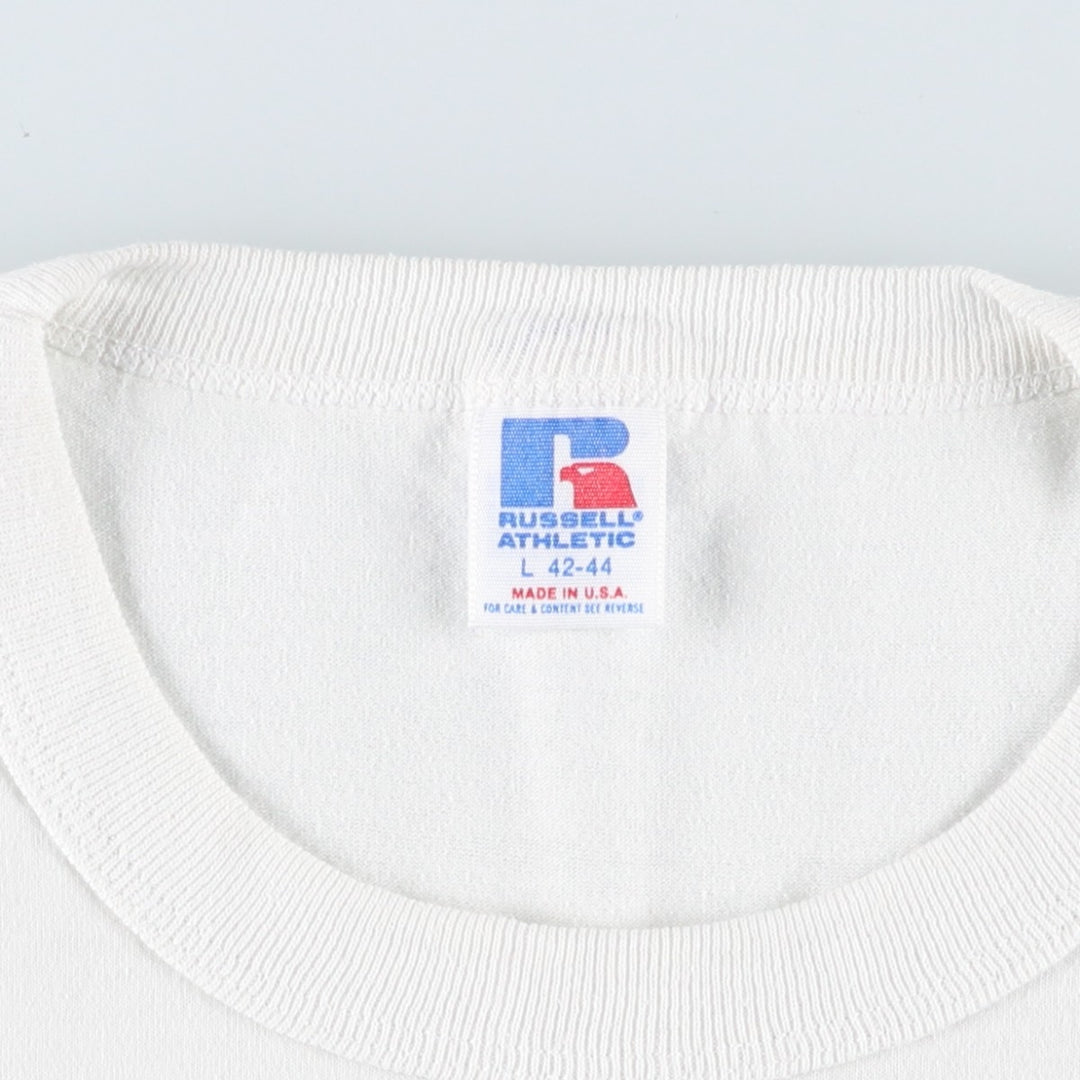 90'S Russell Athletic Episcopal Church Message Print T-Shirt, Made in USA, Men's Size L (approx.) polyester white type Vintage Second Hand