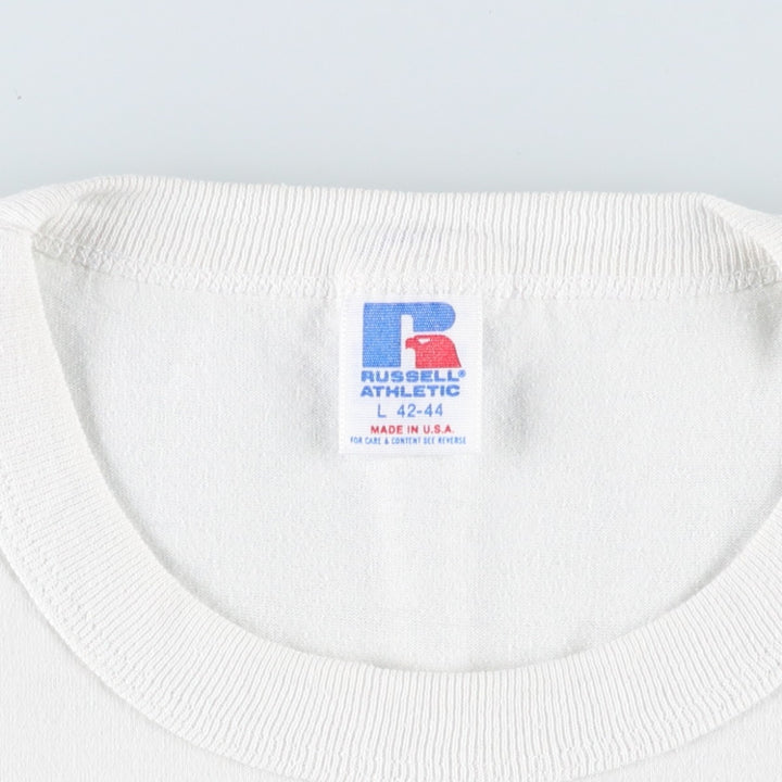 90'S Russell Athletic Episcopal Church Message Print T-Shirt, Made in USA, Men's Size L (approx.) polyester white type Vintage Second Hand
