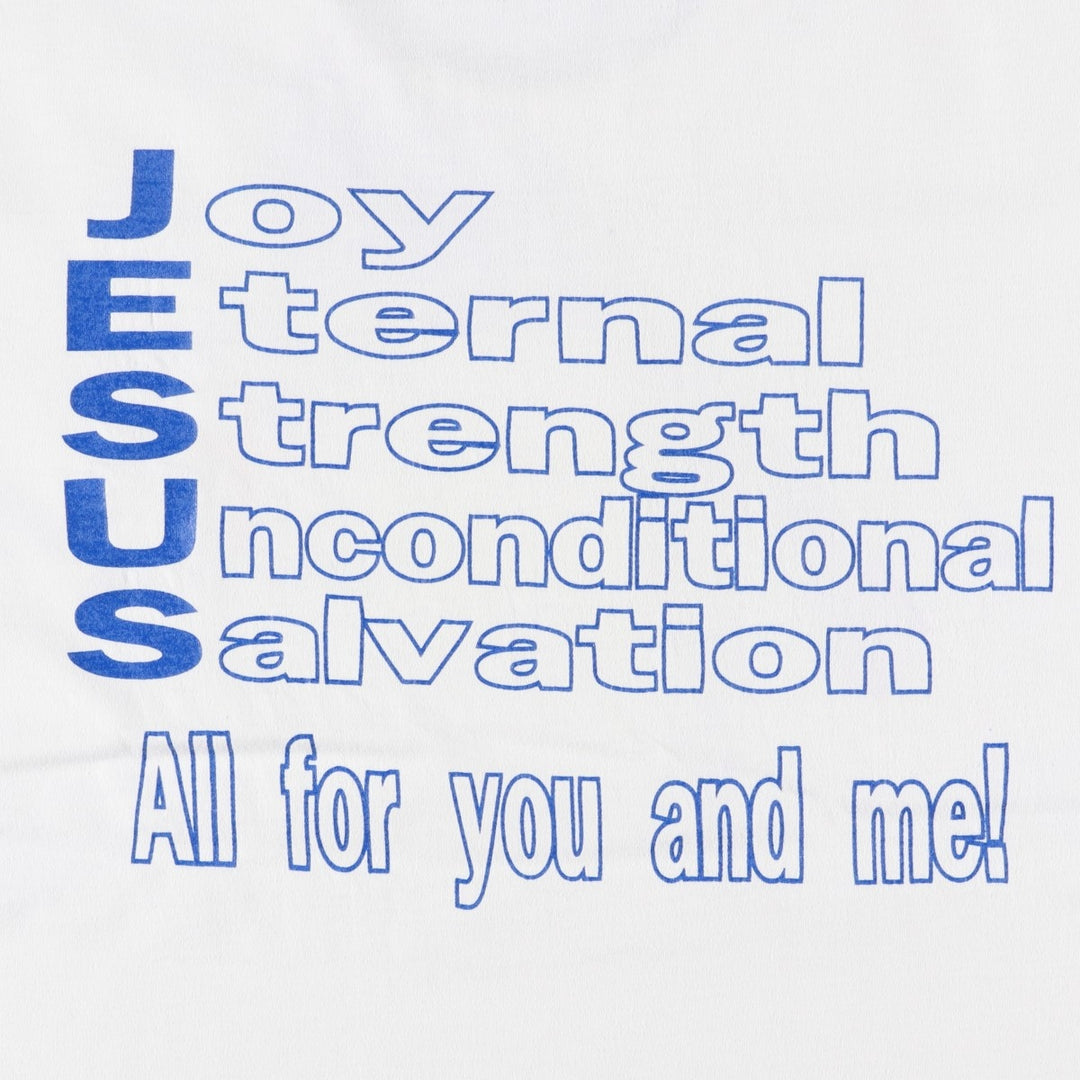 90'S Russell Athletic Episcopal Church Message Print T-Shirt, Made in USA, Men's Size L (approx.) polyester white type Vintage Second Hand