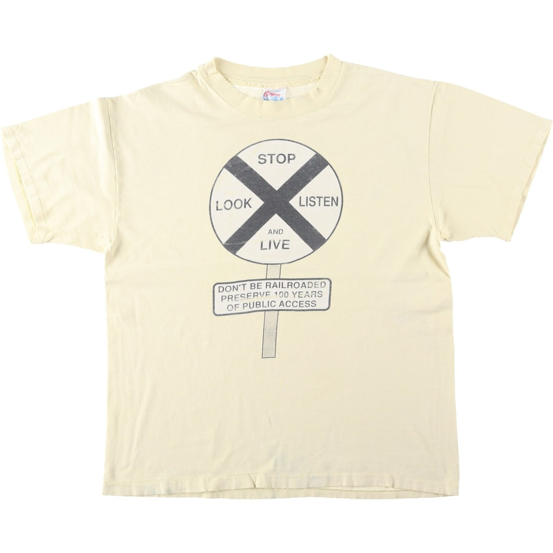 90'S Hanes BEEFY-T Message Print T-shirt Made in USA Men's L Size Vintage cotton yellow type Vintage Second Hand
