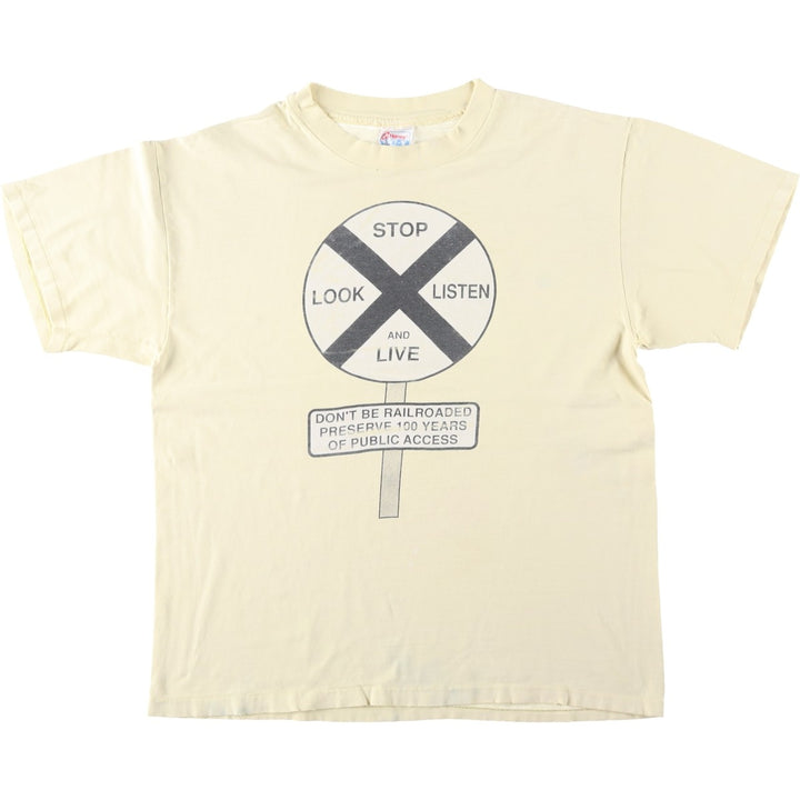 90'S Hanes BEEFY-T Message Print T-shirt Made in USA Men's L Size Vintage cotton yellow type Vintage Second Hand