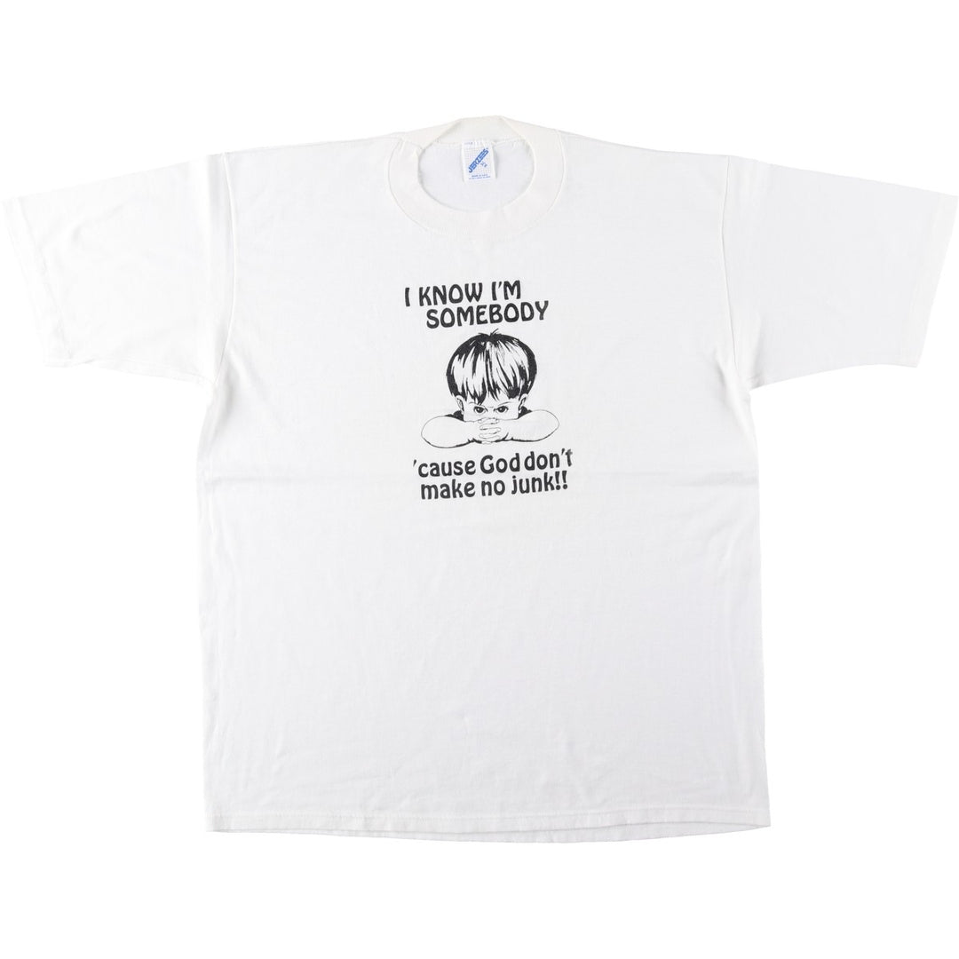 90'S Jerzees "God don't make no junk" print T-shirt, Made in USA, Men's XL equivalent, Vintage. cotton white type Vintage Second Hand