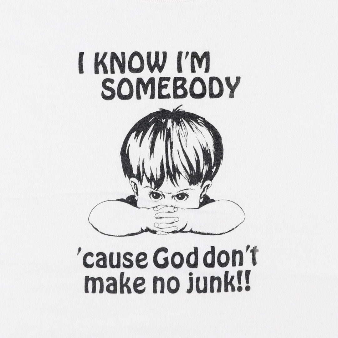 90'S Jerzees "God don't make no junk" print T-shirt, Made in USA, Men's XL equivalent, Vintage. cotton white type Vintage Second Hand