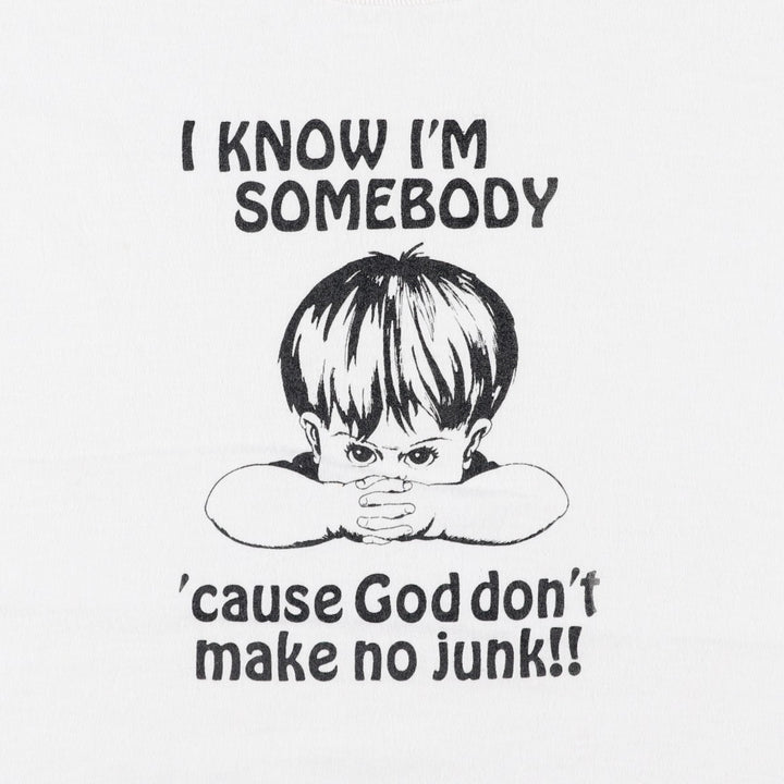 90'S Jerzees "God don't make no junk" print T-shirt, Made in USA, Men's XL equivalent, Vintage. cotton white type Vintage Second Hand