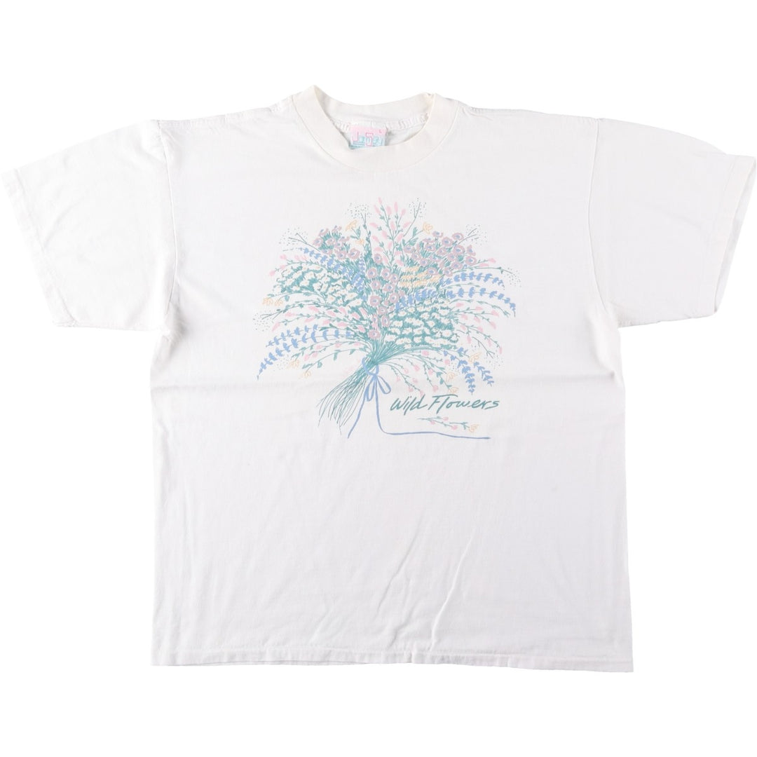90'S Jamsey Wild Flowers Floral Art T-Shirt, Made in USA, Men's Size L (Equivalent), Vintage cotton white type Vintage Second Hand