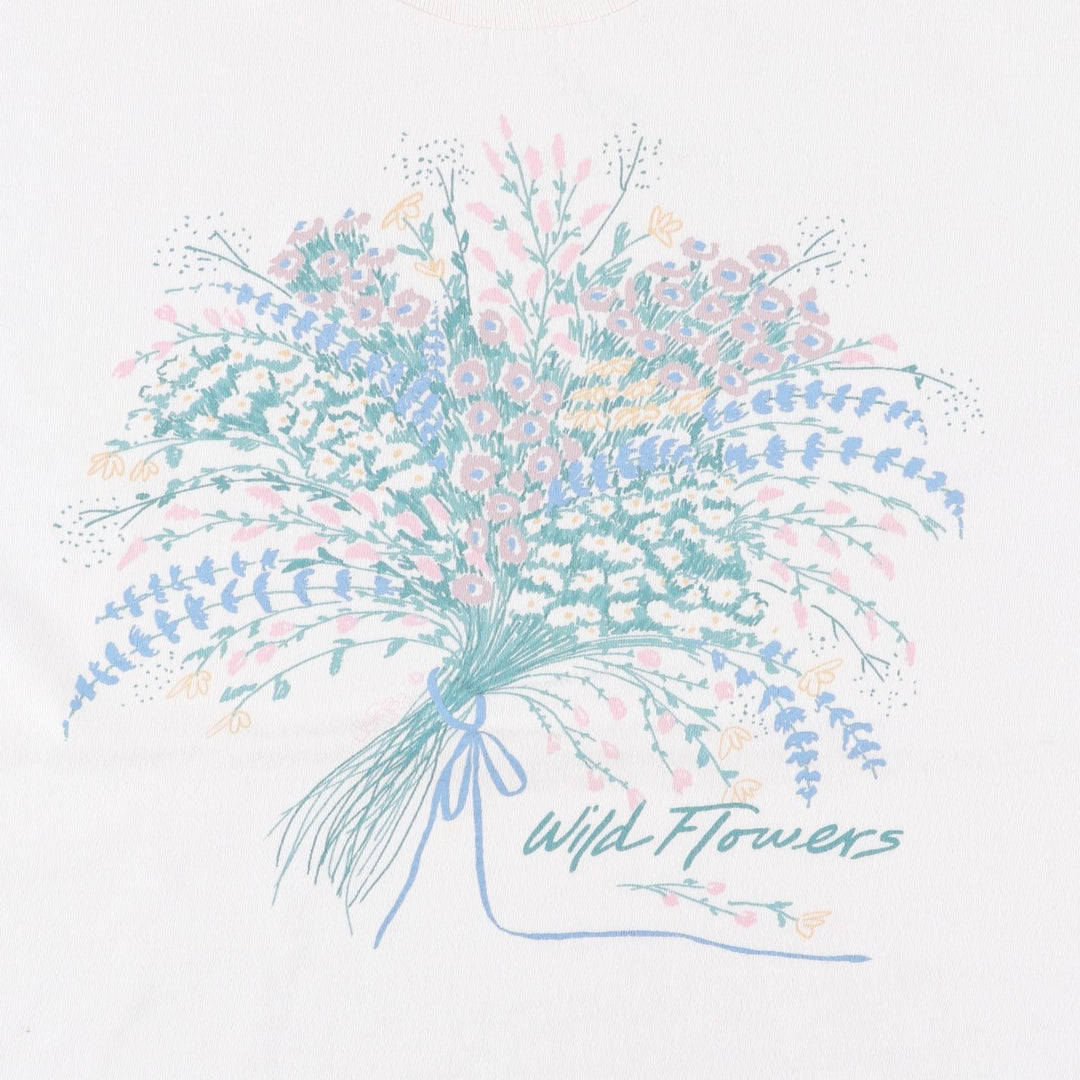 90'S Jamsey Wild Flowers Floral Art T-Shirt, Made in USA, Men's Size L (Equivalent), Vintage cotton white type Vintage Second Hand