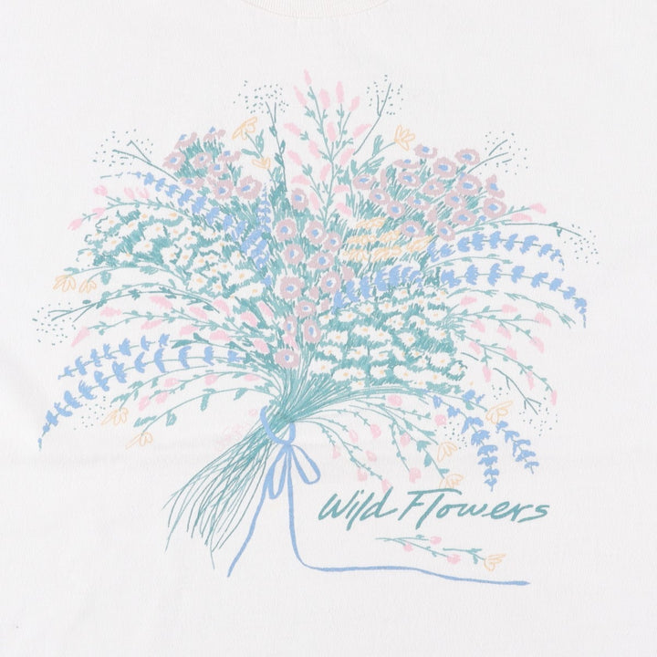 90'S Jamsey Wild Flowers Floral Art T-Shirt, Made in USA, Men's Size L (Equivalent), Vintage cotton white type Vintage Second Hand