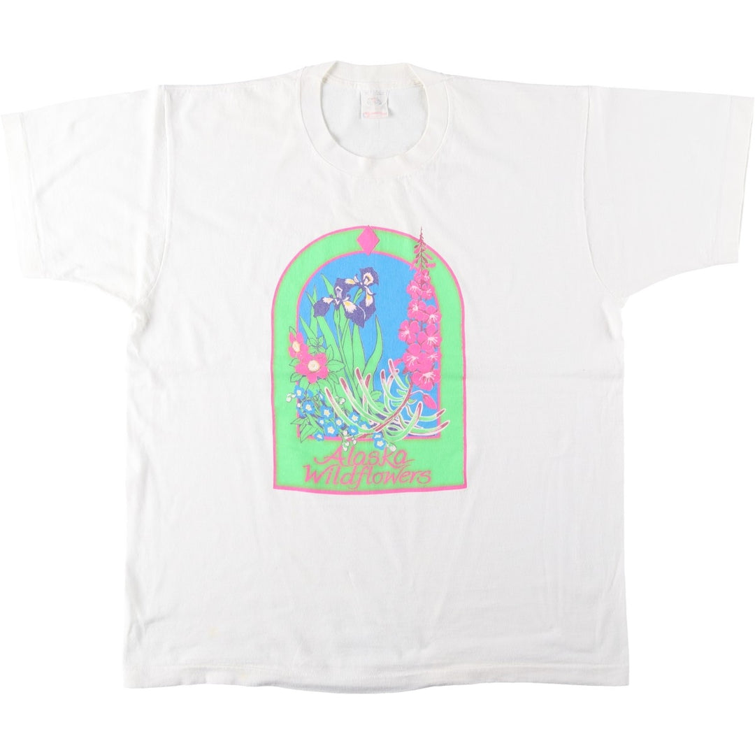 90'S Fruit of the Loom BEST Alaska Wildflowers Floral Art T-Shirt, Made in USA, Men's XL equivalent, Vintage cotton white type Vintage Second Hand