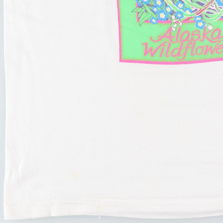 90'S Fruit of the Loom BEST Alaska Wildflowers Floral Art T-Shirt, Made in USA, Men's XL equivalent, Vintage cotton white type Vintage Second Hand