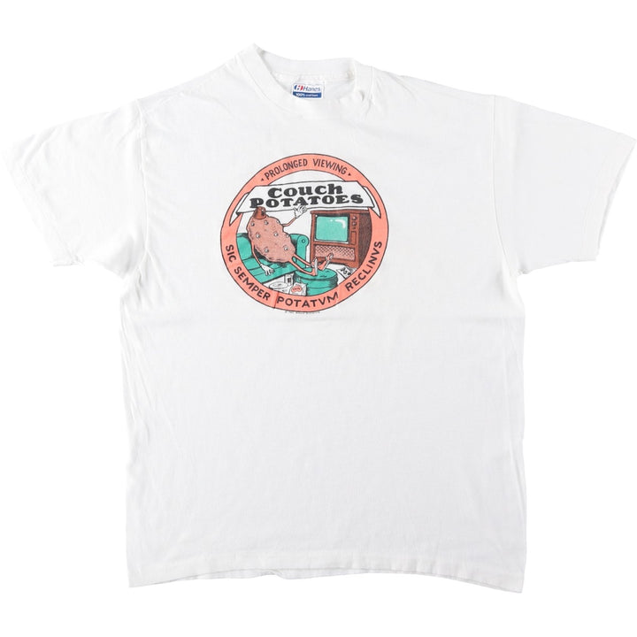 80'S Hanes Couch Potato Art T-Shirt, Made in USA, Men's Size L (approx.), Vintage cotton white type Vintage Second Hand