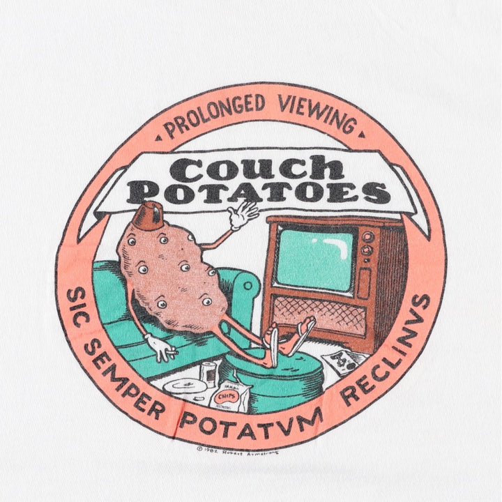 80'S Hanes Couch Potato Art T-Shirt, Made in USA, Men's Size L (approx.), Vintage cotton white type Vintage Second Hand
