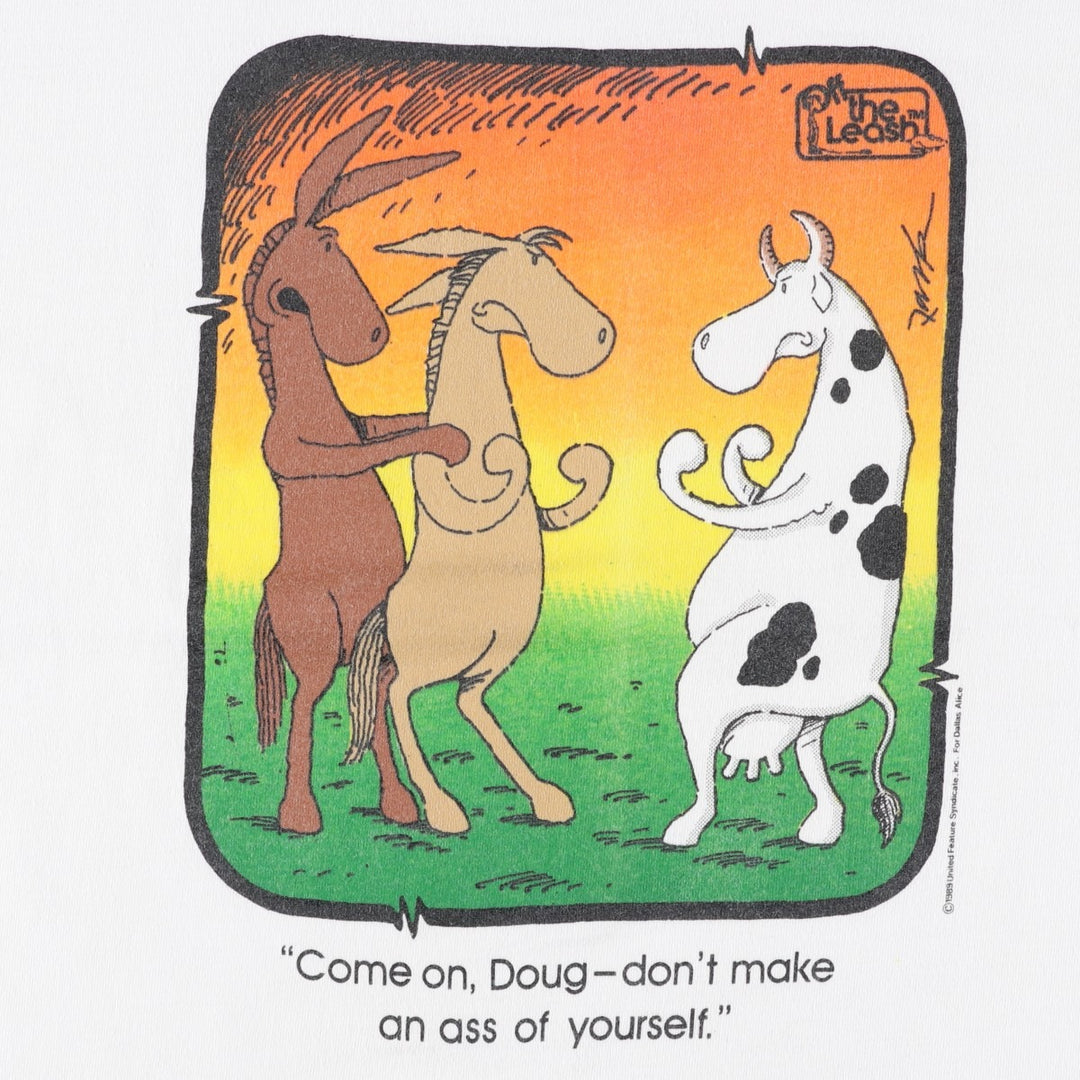 80'S Fruit of the Loom The Leash Print T-Shirt, Made in USA, Men's XL equivalent, Vintage cotton white type Vintage Second Hand