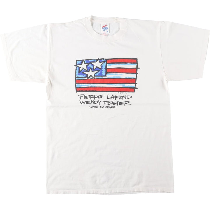 90'S Jerzees Pierre Lafond Wendy Foster American flag print T-shirt, Made in USA, Men's size L equivalent, Vintage cotton white type Vintage Second Hand
