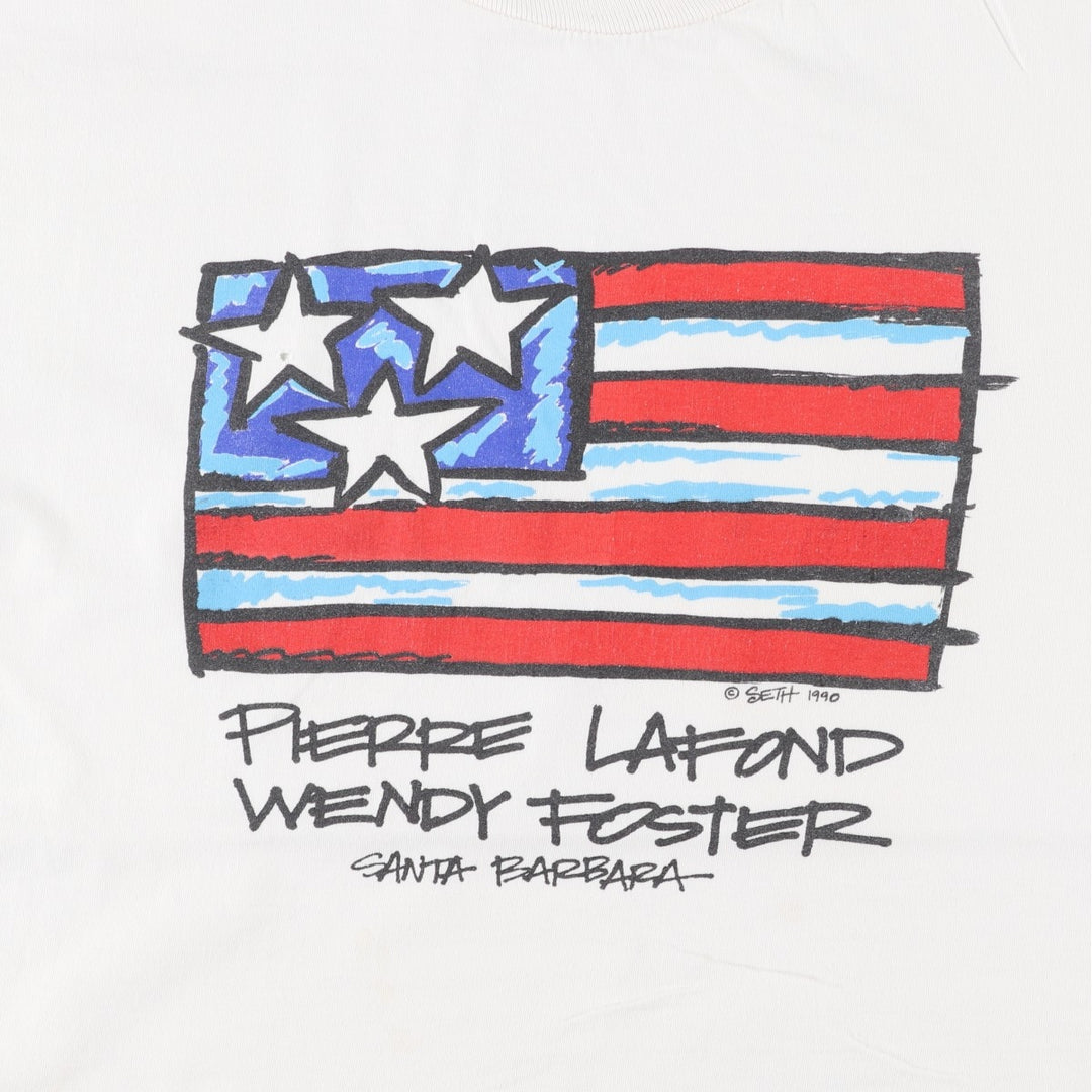 90'S Jerzees Pierre Lafond Wendy Foster American flag print T-shirt, Made in USA, Men's size L equivalent, Vintage cotton white type Vintage Second Hand