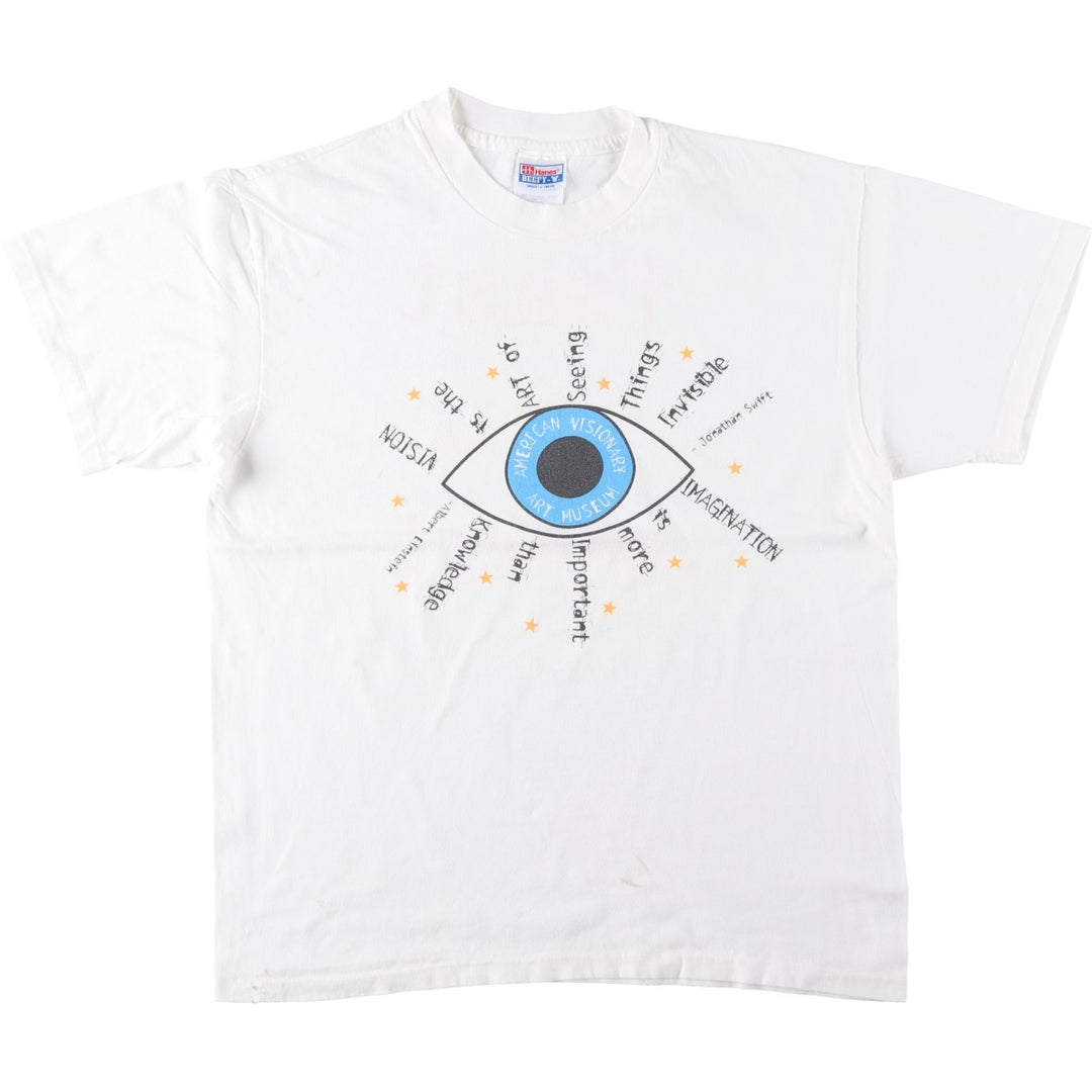 90'S Hanes BEEFY-T AMERICAN VISIONARY ART MUSEUM print T-shirt, Made in USA, Men's size L equivalent, Vintage cotton white type Vintage Second Hand