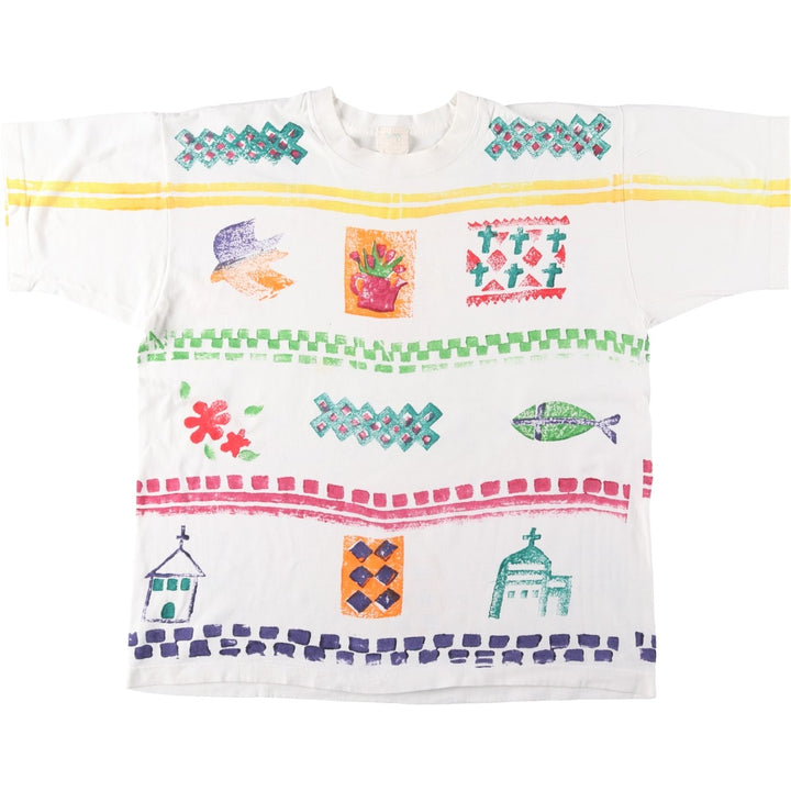 ~90'S Gregg Apparel all-over print art t-shirt, men's size XL equivalent. unclear white type Vintage Second Hand