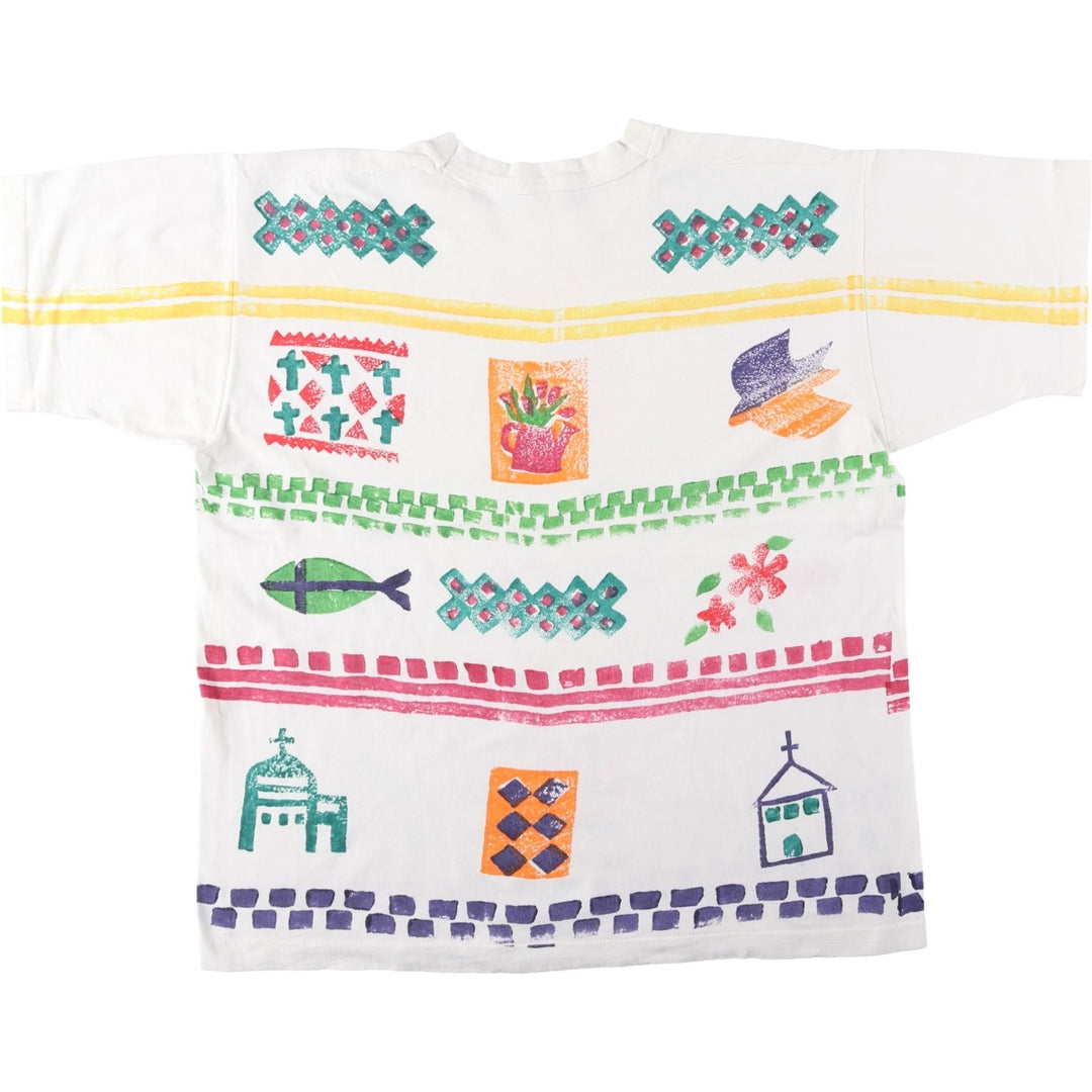 ~90'S Gregg Apparel all-over print art t-shirt, men's size XL equivalent. unclear white type Vintage Second Hand