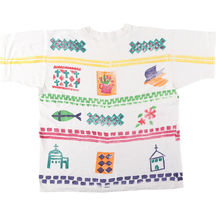 ~90'S Gregg Apparel all-over print art t-shirt, men's size XL equivalent. unclear white type Vintage Second Hand