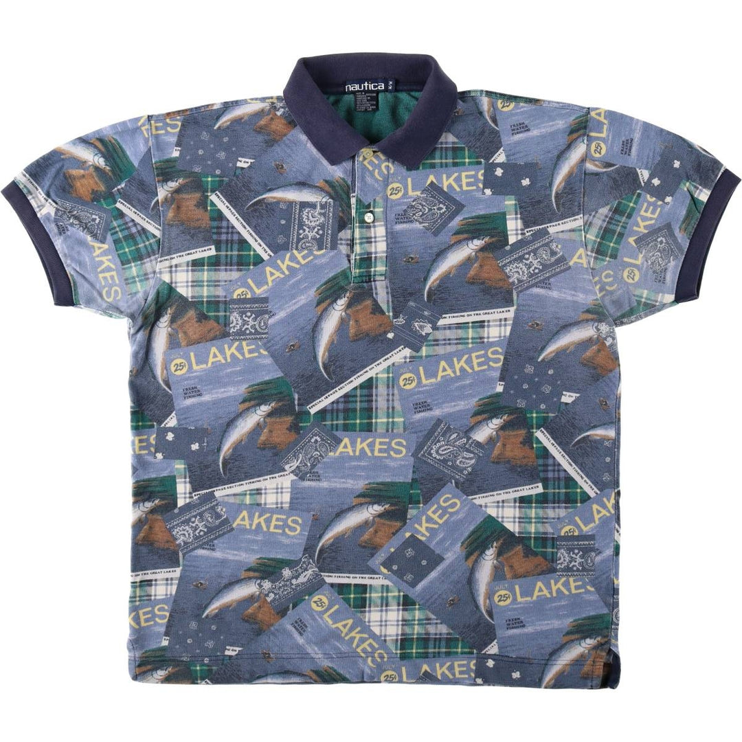 Nautica all-over print short-sleeved polo shirt, men's size M. cotton blue type Vintage Second Hand