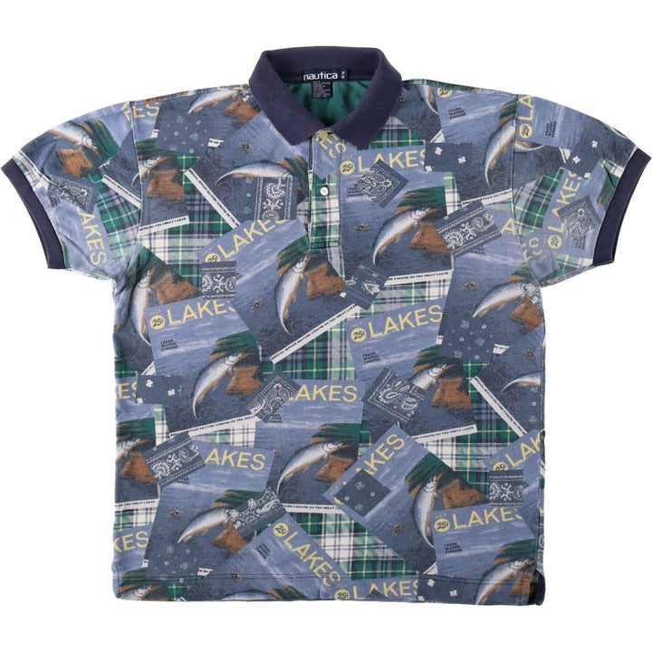 Nautica all-over print short-sleeved polo shirt, men's size M. cotton blue type Vintage Second Hand